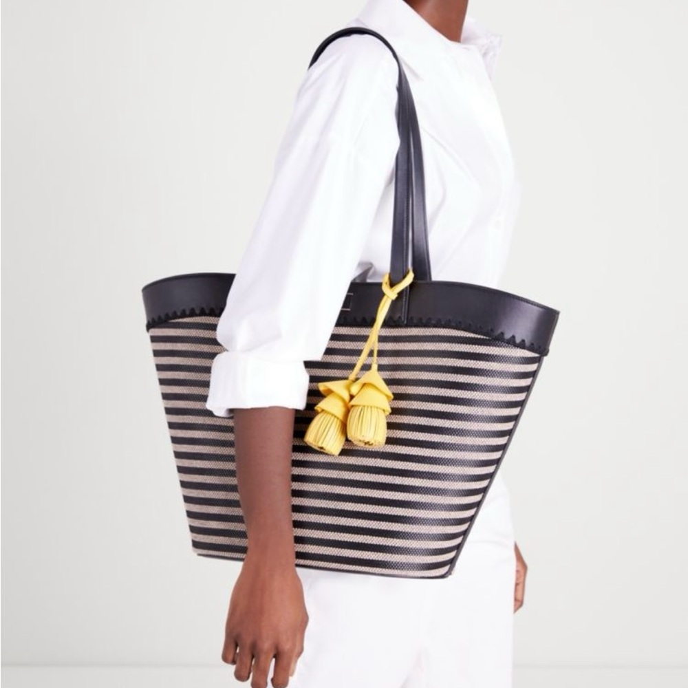 Rare Discontinued Kate Spade The Pier Striped Medium Tote NWT Black Beige Purse! - Picture 3 of 16